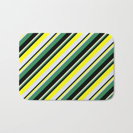 [ Thumbnail: Sea Green, Black, Yellow, and Lavender Colored Stripes Pattern Bath Mat ]