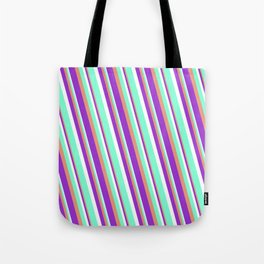 [ Thumbnail: Dark Salmon, Dark Orchid, White, and Aquamarine Colored Striped Pattern Tote Bag ]