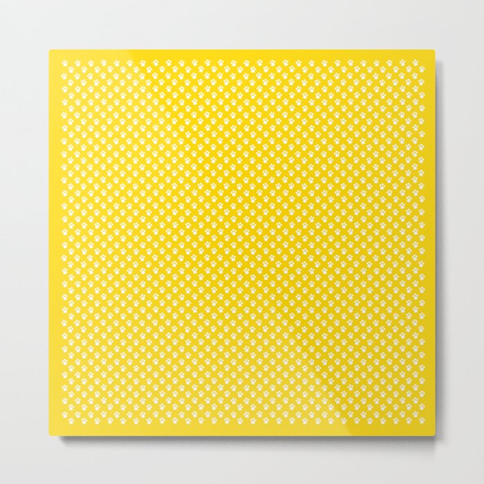 Tiny Paw Prints Pattern - Bright Yellow & White Metal Print