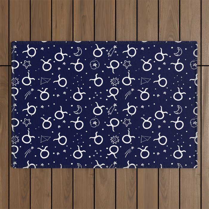 Blue And White Taurus zodiac hand drawn pattern Outdoor Rug