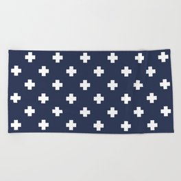 White Swiss Cross Pattern on Navy Blue background Beach Towel