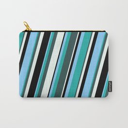 [ Thumbnail: Light Sky Blue, Light Sea Green, Dark Slate Gray, Mint Cream, and Black Colored Pattern of Stripes Carry-All Pouch ]