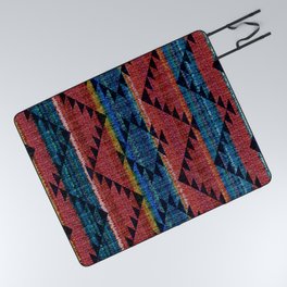 Tribal Pattern on Rustic Coarse Weave Look Colorful Stripes Picnic Blanket