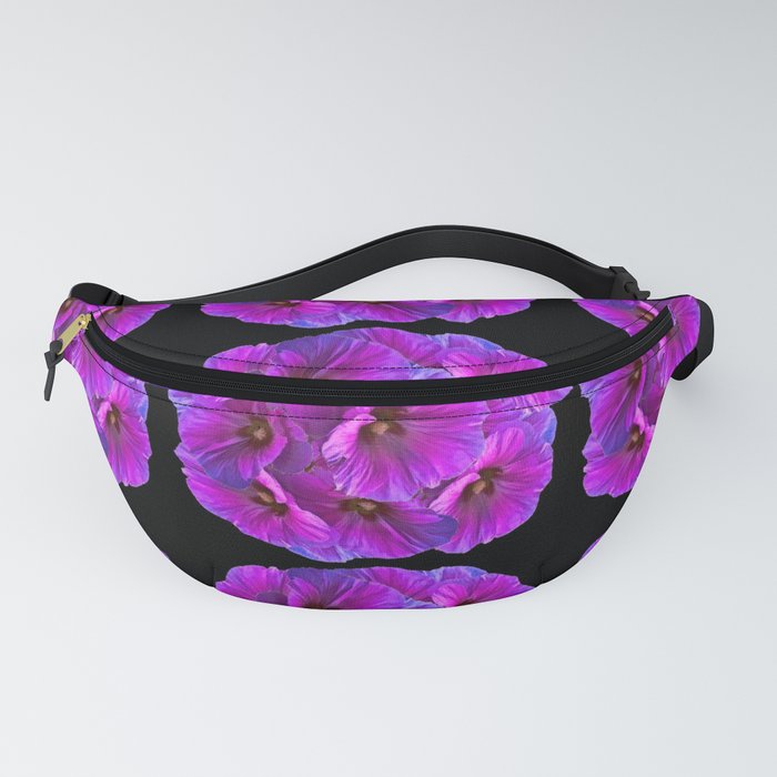 PURPLE HOLLYHOCK FLOWERS ON BLACK ABSTRACT Fanny Pack
