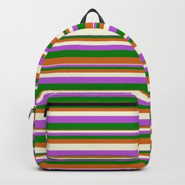 [ Thumbnail: Chocolate, Beige, Orchid & Green Colored Striped/Lined Pattern Backpack ]