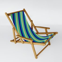 [ Thumbnail: Vibrant Dark Khaki, Sea Green, Dark Blue, Teal & Aquamarine Colored Striped Pattern Sling Chair ]