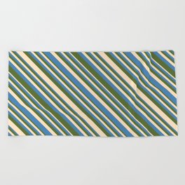 [ Thumbnail: Bisque, Blue, and Dark Olive Green Colored Lines/Stripes Pattern Beach Towel ]