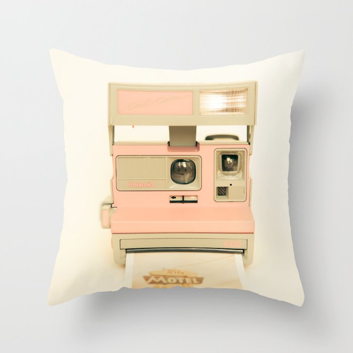 Pink Pola Love vintage camera Throw Pillow