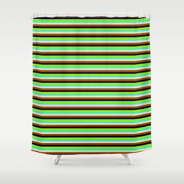 [ Thumbnail: Colorful Turquoise, Tan, Brown, Black, and Green Colored Stripes Pattern Shower Curtain ]