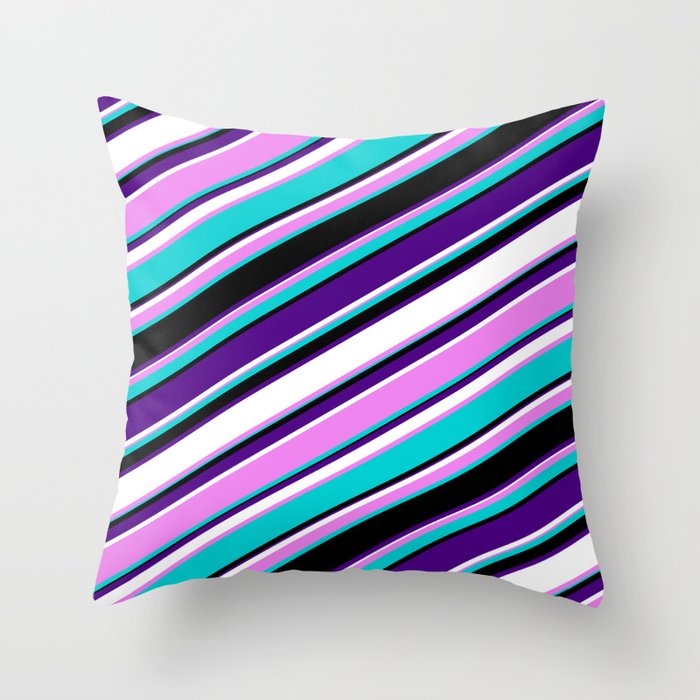 Eyecatching Violet, Dark Turquoise, Black, Indigo & White Colored Lines/Stripes Pattern Throw Pillow