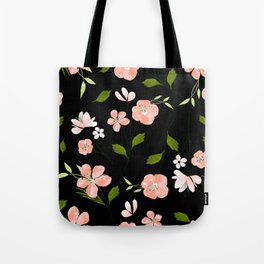 Pink Coral floral watercolor pattern - BLACK Tote Bag