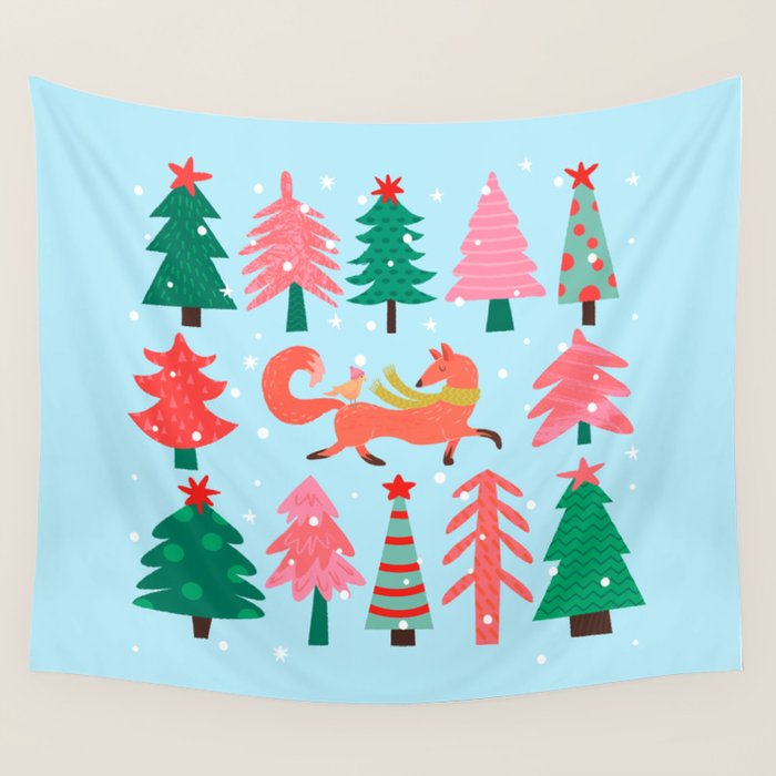 Fox And Bird In A Christmas Tree Winter Wonderland Wall Tapestry