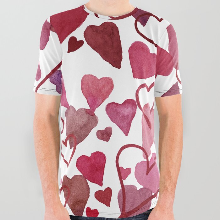 Watercolour Hearts Red All Over Graphic Tee