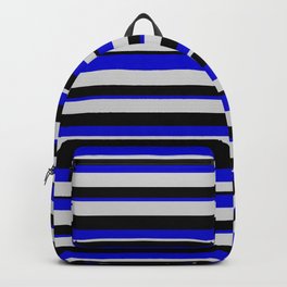 [ Thumbnail: Blue, Light Gray & Black Colored Striped Pattern Backpack ]