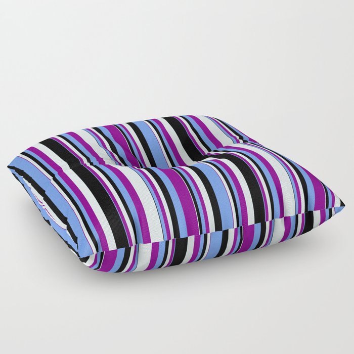 Cornflower Blue, Purple, Light Cyan, and Black Colored Stripes Pattern Floor Pillow