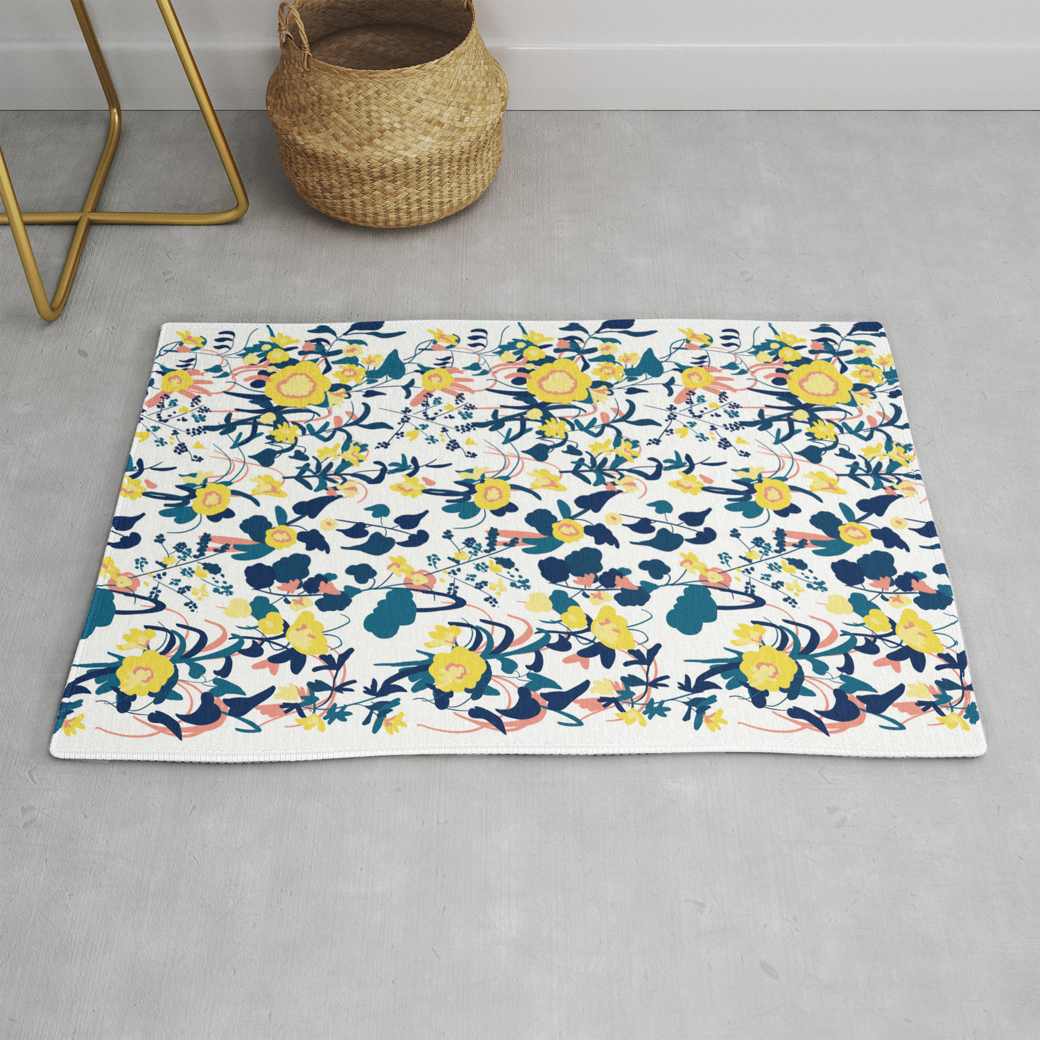 Ercup Yellow Salmon Pink And Navy, Navy Blue Patterned Rug