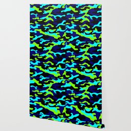 Camouflage Pattern Neon Green Black Blue Navy Wallpaper