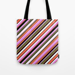 [ Thumbnail: Eyecatching Violet, Dark Olive Green, Red, Black, and White Colored Striped Pattern Tote Bag ]