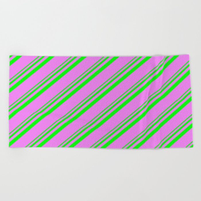 Lime and Violet Colored Striped Pattern Beach Towel