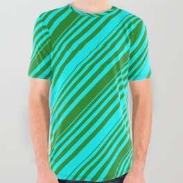 [ Thumbnail: Cyan and Forest Green Colored Lined/Striped Pattern All Over Graphic Tee ]