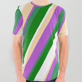 [ Thumbnail: Tan, Orchid, Sea Green, Green & White Colored Stripes/Lines Pattern All Over Graphic Tee ]