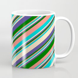 [ Thumbnail: Colorful Salmon, Dark Turquoise, Tan, Dark Slate Blue & Dark Green Colored Lines/Stripes Pattern Coffee Mug ]
