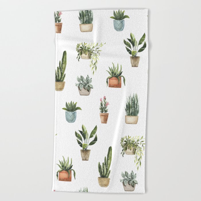 Potted Plants Watercolor Pattern Beach Towel