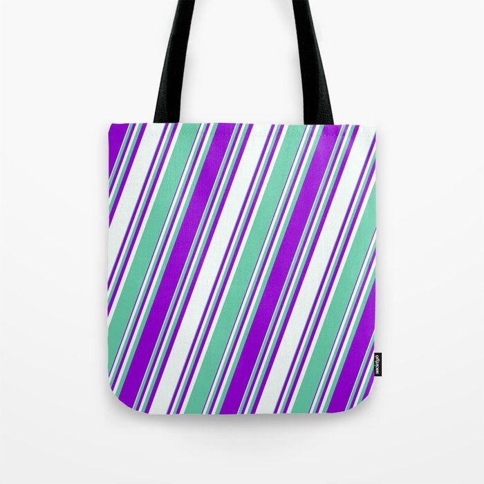 Aquamarine, Dark Violet, and Mint Cream Colored Stripes/Lines Pattern Tote Bag