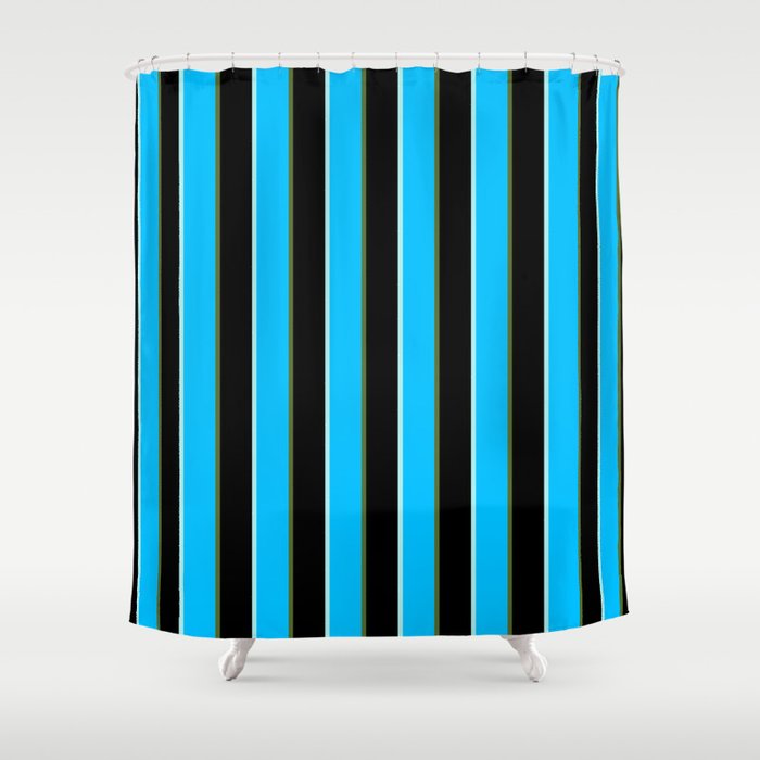 Turquoise, Deep Sky Blue, Dark Olive Green, and Black Colored Stripes/Lines Pattern Shower Curtain