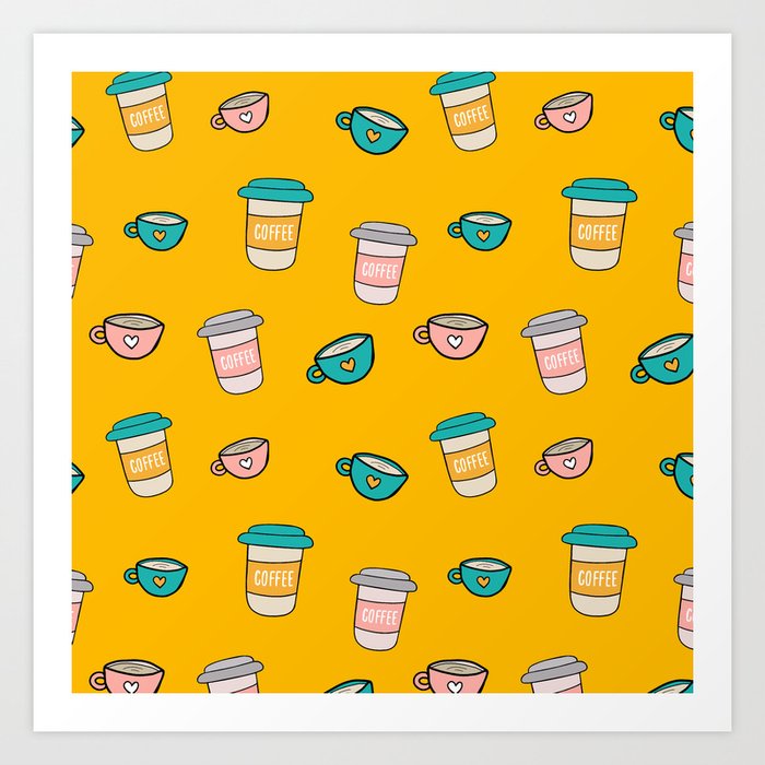 Happy coffee cups and mugs in yellow background Art Print
