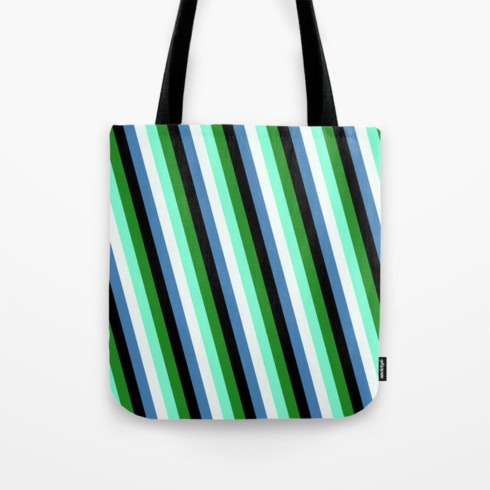 Colorful Forest Green, Aquamarine, Mint Cream, Blue & Black Colored Stripes Pattern Tote Bag