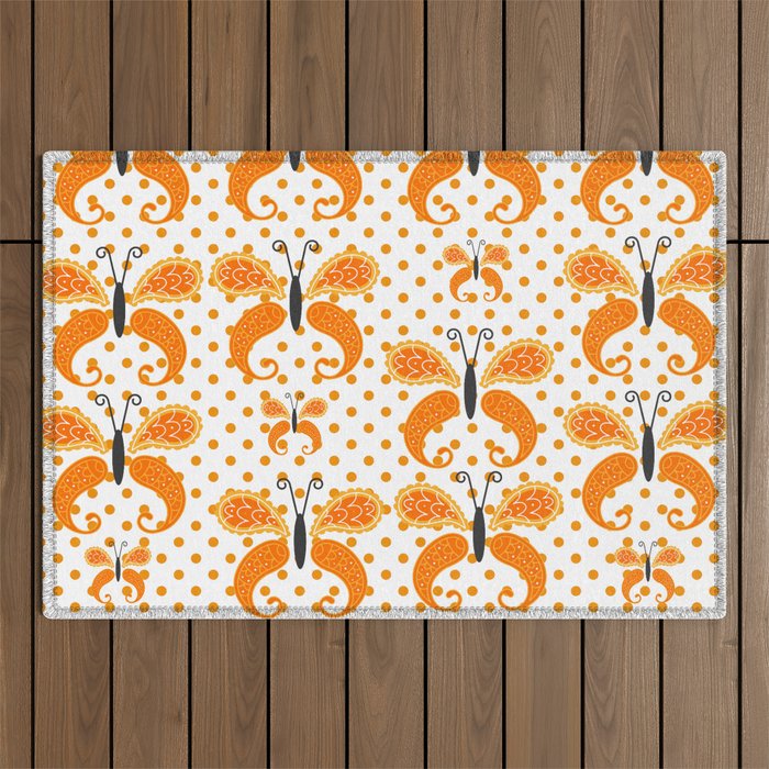 Retro Orange Butterfly Paisley & Polka Dots Pattern Outdoor Rug