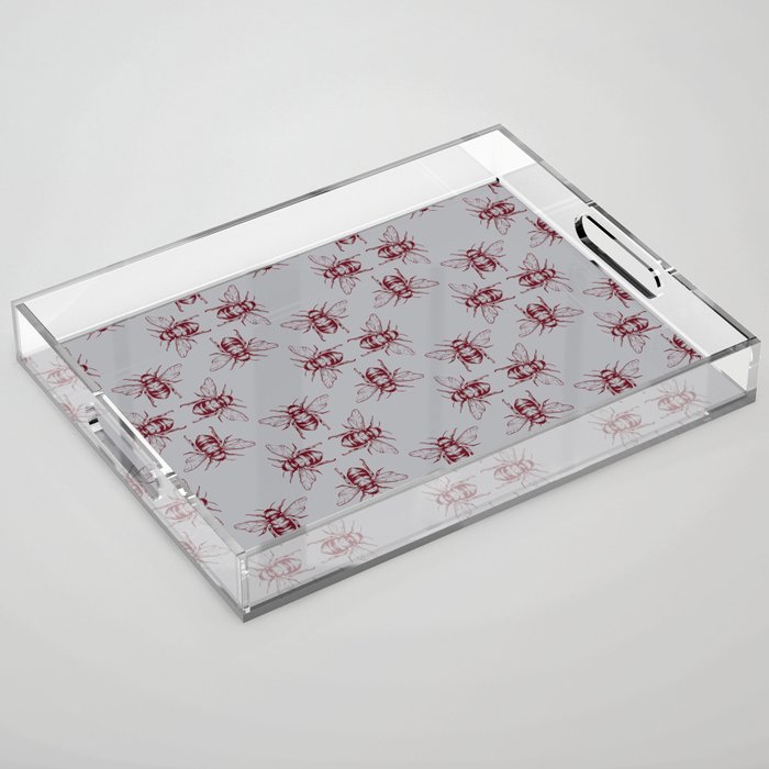 Nature Honey Bees Bumble Bee Pattern Red Gray Grey Acrylic Tray