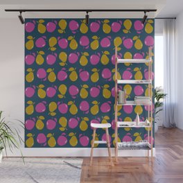 Graphic apples and pears, pink and gold on navy Wall Mural