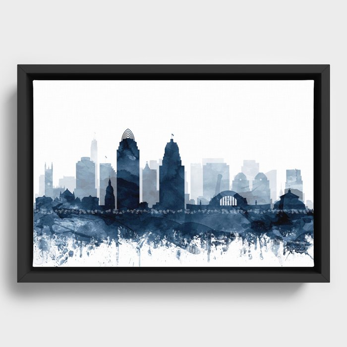 Cincinnati Skyline Blue Watercolor by Zouzounio Art Framed Canvas