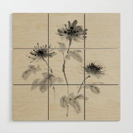 Japanese painting flower grayscale ink on paper Wood Wall Art