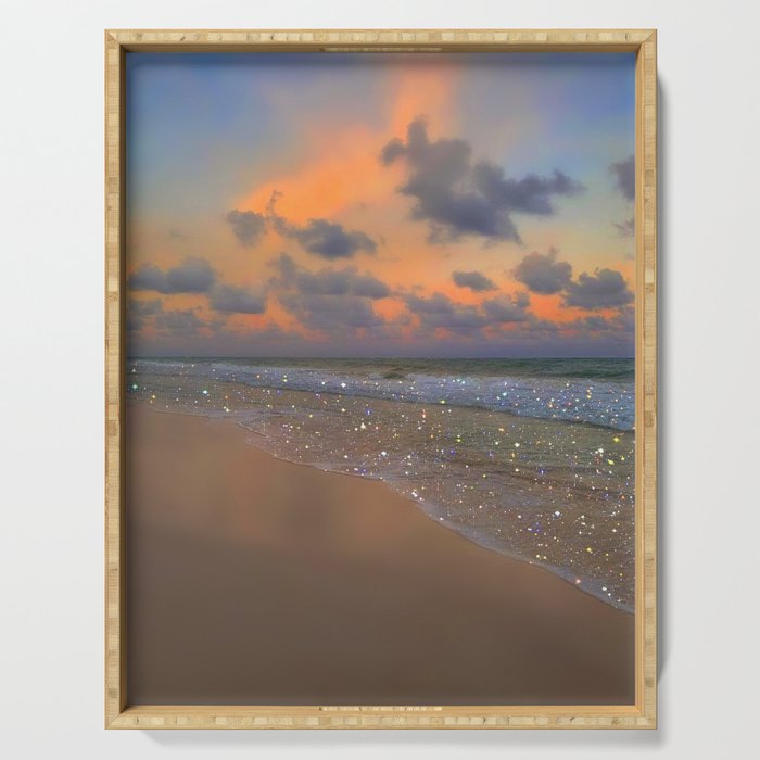 SHINY WAVES | ocean | sea | waves | glitter | collage | sunset | warm | summer | beach | sky Serving Tray