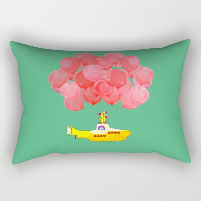 Flying Submarine with Red Balloons in Green Rectangular Pillow
