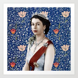 Queen Elizabeth II with vintage Medway tapestry background Art Print