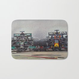 Lewis Hamilton & Max Verstappen, in the rain Bath Mat | Mechanic, Graphicdesign, Formula1, Speed, Formulaone, Retro, Sport, Vintage, Automotive, Motor 