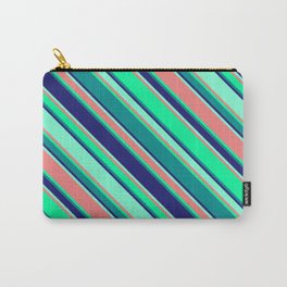[ Thumbnail: Eyecatching Green, Dark Cyan, Midnight Blue, Aquamarine & Light Coral Colored Lines Pattern Carry-All Pouch ]