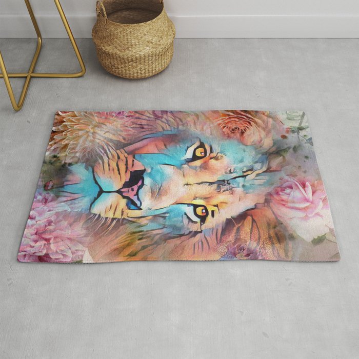 Colorful Lion Full Mane Surrounded by Flowers Rug