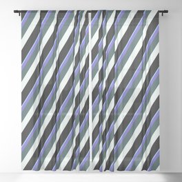 [ Thumbnail: Vibrant Light Sky Blue, Slate Blue, Dark Slate Gray, Mint Cream & Black Colored Lined Pattern Sheer Curtain ]