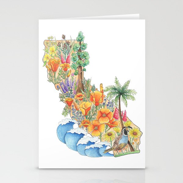California - Floral Watercolor - State of California - West Coast Art - California Poppies - Ocean Stationery Cards