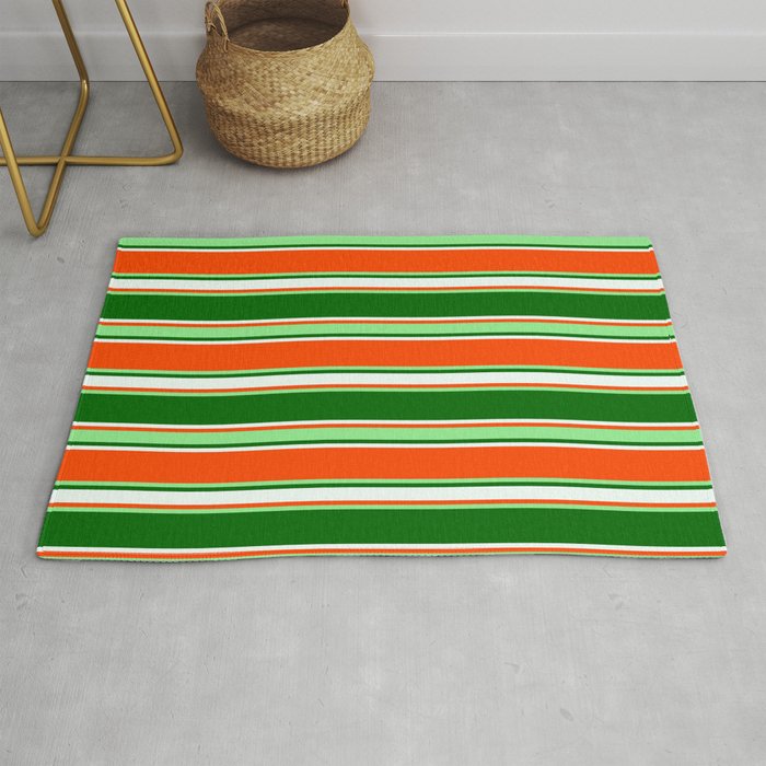 Red, Light Green, Dark Green, and Mint Cream Colored Lined/Striped Pattern Rug