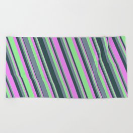 [ Thumbnail: Violet, Light Green, Light Slate Gray, and Dark Slate Gray Colored Lined Pattern Beach Towel ]