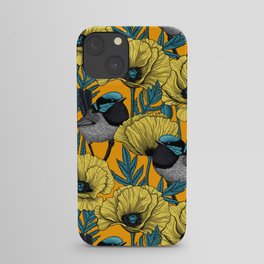 Fairy wren and poppies in yellow iPhone Case