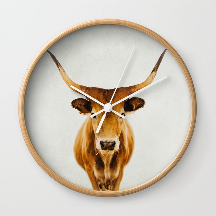 Wild Longhorn Cow Print - Tan Colored Cow - travel photography by Ingrid Beddoes Wall Clock