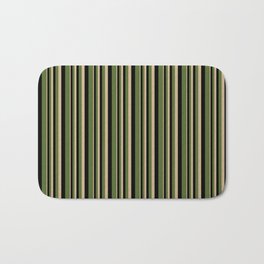 [ Thumbnail: Tan, Black & Dark Olive Green Colored Lined Pattern Bath Mat ]
