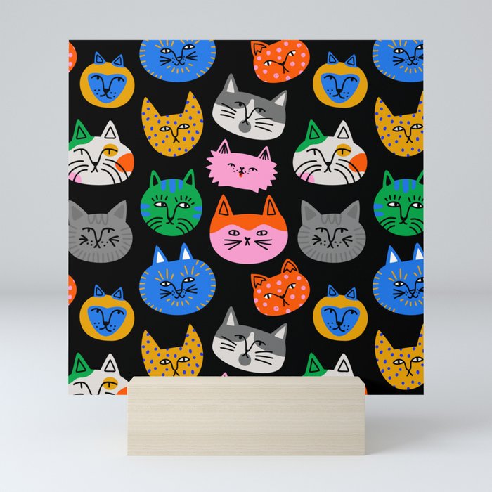 Funny colorful cat cartoon pattern Mini Art Print